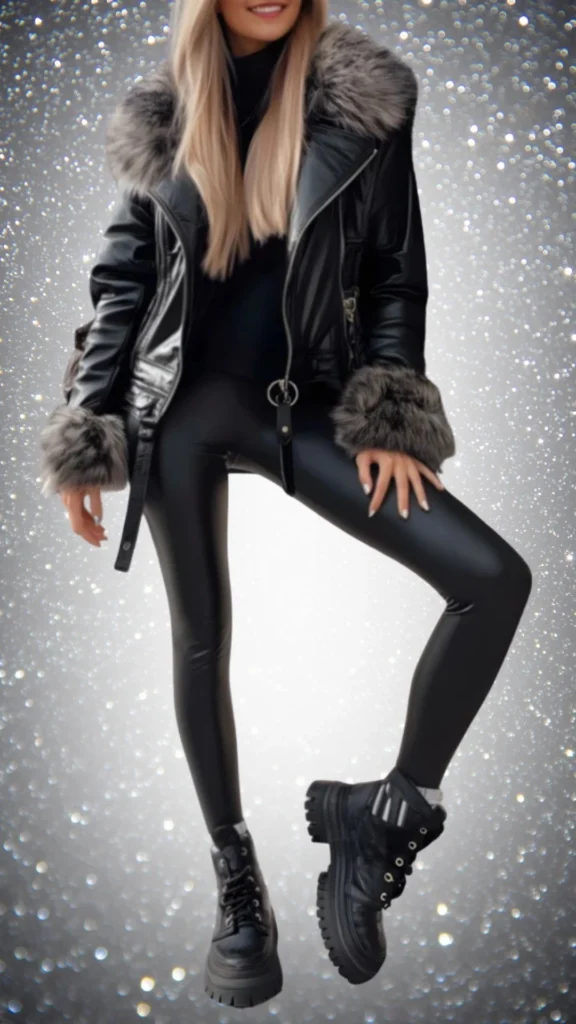 The outfit features a sleek black faux leather jacket with plush grey fur cuffs, layered over a form-fitting black turtleneck. Paired with shiny black leggings and chunky black platform boots, this ensemble combines smooth textures and a striking silhouette, creating a chic winter look. The overall aesthetic is bold and sophisticated, perfect for cold weather.