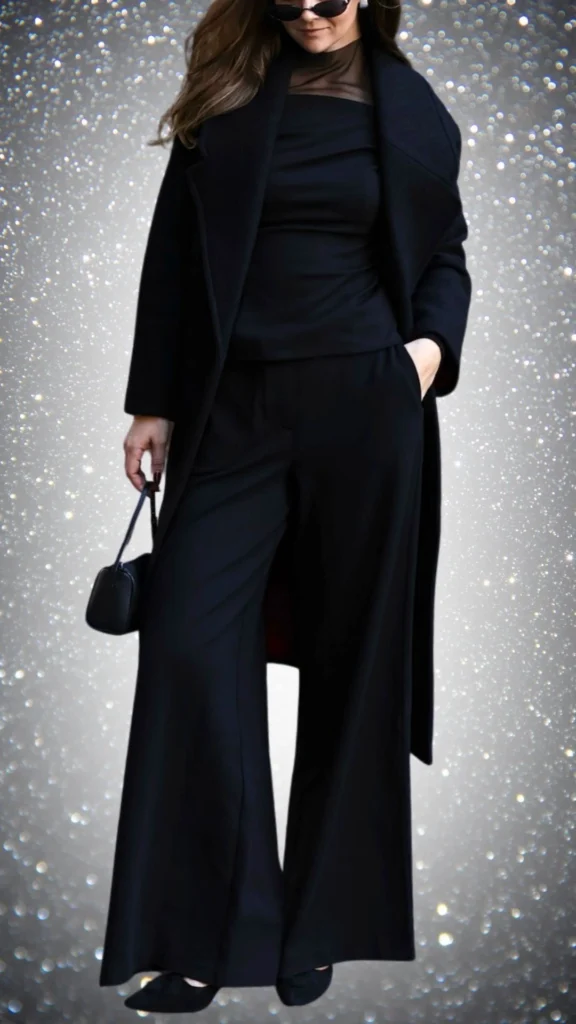 The outfit features a fitted black top layered with a flowing, long black coat made from soft wool, creating a sleek silhouette. Wide-leg black trousers add a touch of elegance, while glossy black ankle boots and a small handbag complete the look. Delicate textures and varied shades of black enhance its sophisticated charm, perfect for winter styling.