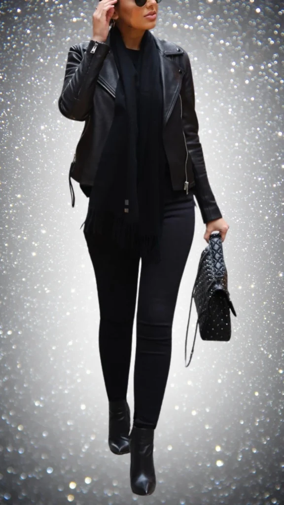 A stylish all-black winter outfit features a fitted leather biker jacket with a sleek texture, paired with a lightweight black scarf that drapes elegantly. The ensemble includes form-fitting black skinny jeans and chic ankle boots with a pointed toe, complemented by a textured black handbag adorned with subtle embellishments. The outfit exudes sophistication and warmth, perfect for the colder season.