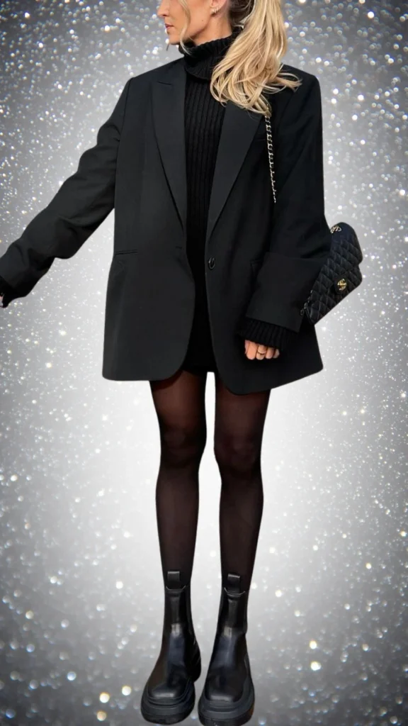 The outfit features an oversized black blazer layered over a fitted ribbed black turtleneck and a black skirt, creating a chic silhouette. Sheer black tights complement combat-style black ankle boots, while a quilted black handbag adds a touch of sophistication. The combination of textures and sleek lines creates an elegant winter look.