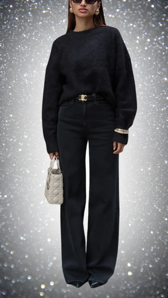 The outfit features a relaxed, oversized black sweater in a soft, textured knit paired with high-waisted, wide-leg black jeans. Accessories include bold, gold statement earrings, a chic black belt with a subtle logo, and a light gray quilted handbag that adds contrast. The overall look exudes a sophisticated yet casual vibe, perfect for winter.