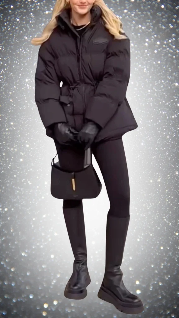 This all-black winter outfit features a voluminous puffer jacket with a cinched waist, complemented by sleek, form-fitting leggings. The look is accessorized with stylish leather gloves and knee-high, chunky-heeled boots, exuding a polished yet cozy vibe. A chic, structured handbag adds a touch of elegance to the overall ensemble.