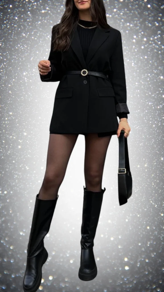 The outfit features a tailored black blazer with a cinched waist accentuated by a decorative belt adorned with a circular gem. Underneath, a textured black ribbed top adds depth, while sheer black tights complement knee-high glossy black boots. Finished with a structured black handbag, the ensemble exudes sophistication and chic style for winter occasions.