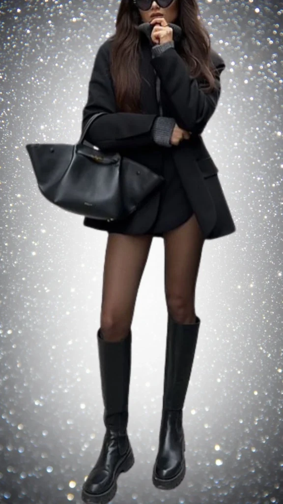 This stylish winter ensemble features a tailored black coat with a textured gray sweater peeking from underneath, paired with a sleek mini skirt and sheer black tights. The look is complemented by knee-high black leather boots and a chic black handbag, exuding sophistication and warmth in a polished all-black palette. The shiny textures of the boots and bag contrast beautifully with the matte finish of the coat for added depth.