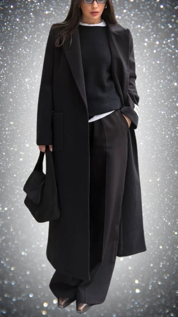 The outfit features a long, tailored black coat over a textured black sweater, both providing warmth and style for winter. Paired with sleek black trousers and pointed-toe ankle boots, the look is completed with a matching black tote bag, emphasizing sophistication and monochrome elegance. Subtle layering with a white shirt peeking from beneath adds depth to the ensemble.
