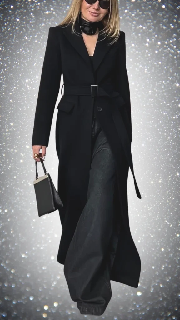 The all-black winter outfit features a long, tailored coat with a belted waist, crafted from a soft wool blend, paired with wide-leg trousers in a slightly textured fabric. Accentuating the look are a sleek black silk scarf around the neck and oversized sunglasses, while a structured handbag adds a touch of sophistication. The ensemble exudes elegance and warmth, perfect for winter styles.