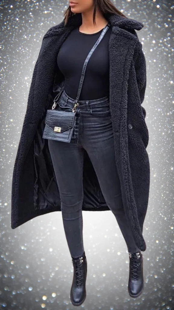 The outfit features a form-fitting black long-sleeve top paired with sleek black skinny jeans, creating a streamlined silhouette. A cozy, textured black teddy coat adds warmth and sophistication, while a small black crossbody bag with a subtle sheen provides a chic accent. Completing the look are stylish black lace-up ankle boots with decorative detailing, enhancing the overall allure of this elegant winter ensemble.