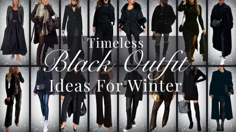 A refined collection of black winter outfits features a mix of textures including cozy knits, smooth leather, and elegant wool blends. Notable pieces include long coats, form-fitting dresses with side slits, and tailored trousers, complemented by chic accessories like belts and shoulder bags. The variety of shades within the black palette enhances depth, creating a sophisticated and timeless aesthetic ideal for the season.