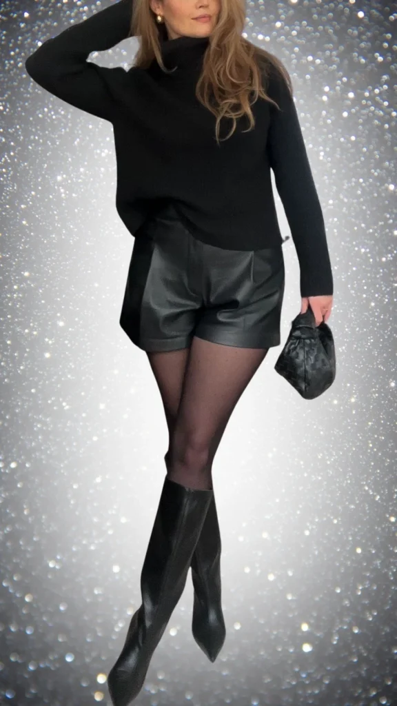 The outfit features a cozy black turtleneck sweater made of soft knit fabric paired with sleek black leather shorts that add a modern edge. Sheer black tights elegantly transition to knee-high pointed-toe boots in a smooth leather finish, complemented by a small, textured black handbag, creating a chic and stylish winter ensemble.