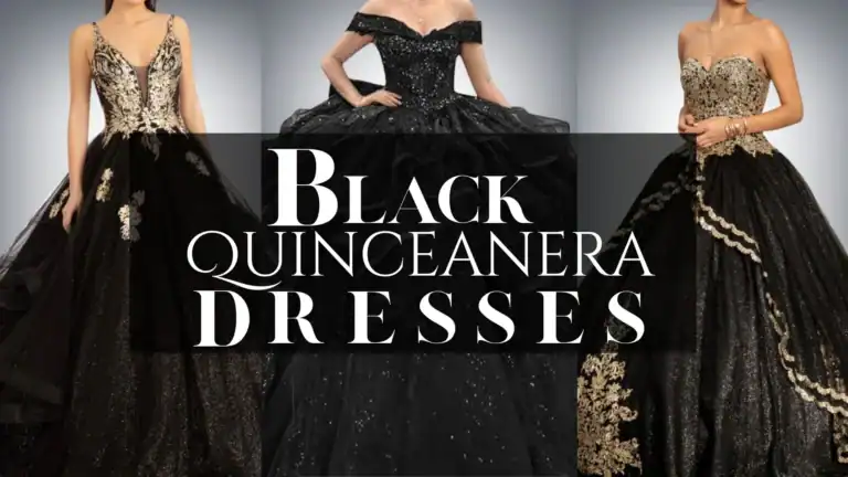 The image showcases three elegant black quinceañera dresses featuring varying styles: one with intricate gold embellishments and a deep V-neck, another with an off-the-shoulder design adorned in sequins, and the third exhibiting a corseted bodice with dramatic ruffles. Each dress is characterized by a voluminous skirt, lending a regal silhouette, and intricate detailing that enhances their formal elegance. The rich black fabric varies in texture, from shimmering sequins to soft tulle, creating a striking visual impact.