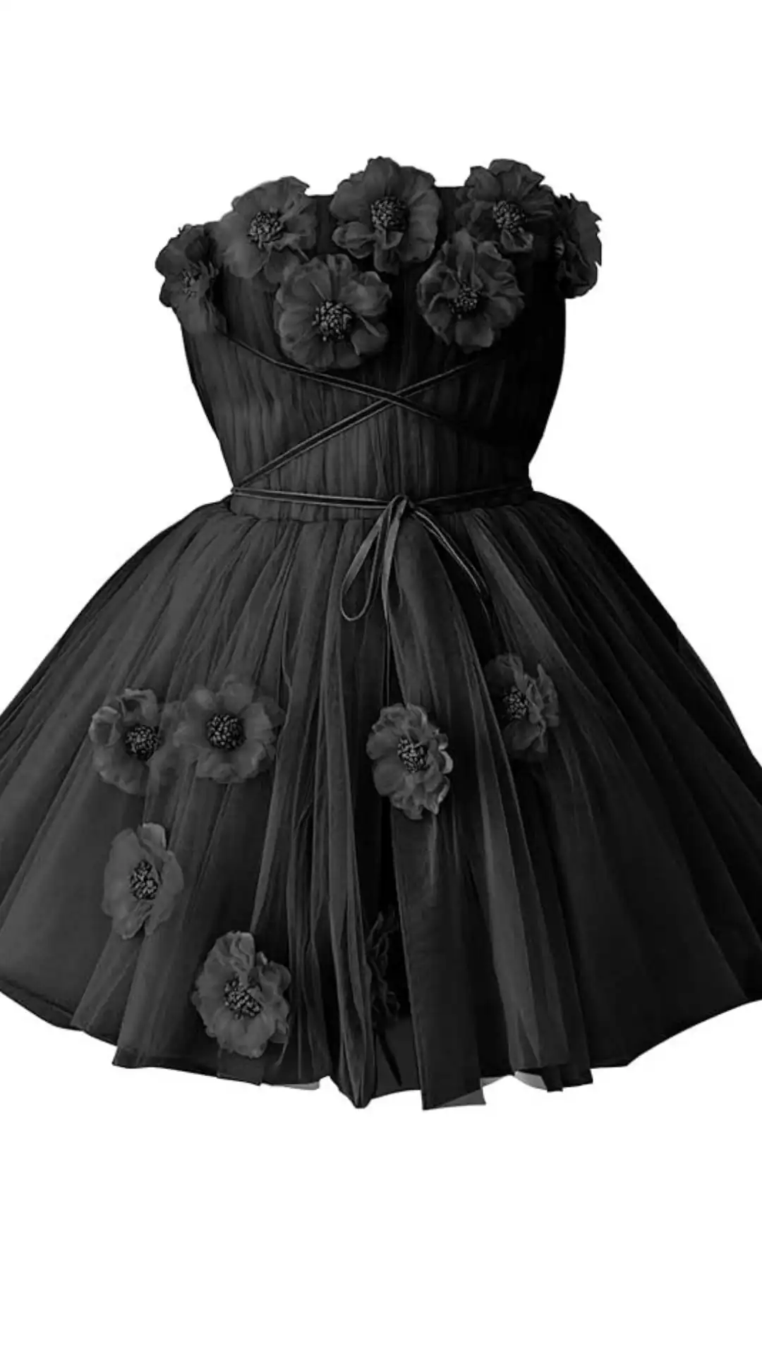 This black homecoming dress features a strapless, fitted bodice adorned with intricate fabric flowers and a voluminous tulle skirt that creates a whimsical silhouette. The overall vibe is chic and playful, making it perfect for a teenage girl attending a homecoming or school dance.