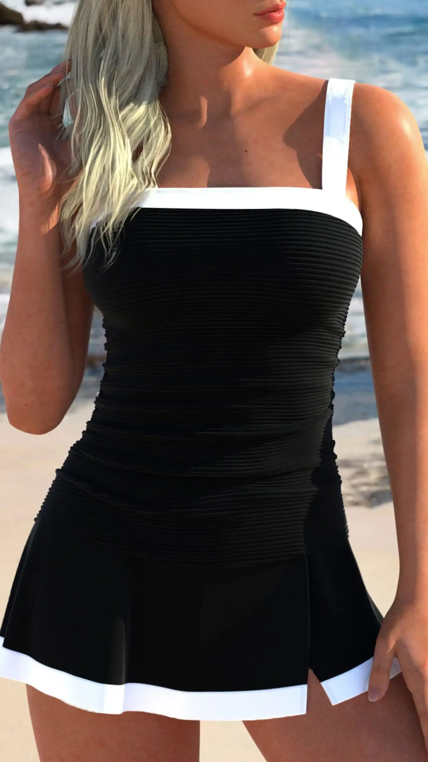The tankini features a fitted silhouette with a square neckline and broad straps, complemented by a flared skirt that falls to mid-thigh. Crafted from a smooth, stretch fabric in a classic black with a contrasting white trim, it showcases subtle pleating for added texture, creating a chic and playful vibe perfect for beach outings or poolside lounging.
