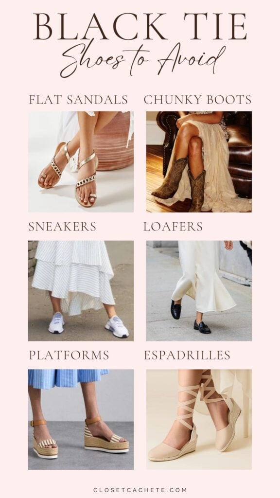 The image features a guide titled "Black Tie Shoes to Avoid" with six shoe styles displayed in two rows on a soft pink background. The styles include flat sandals, chunky boots, sneakers, loafers, platforms, and espadrilles, each shown in an individual photograph, highlighting footwear that is deemed inappropriate for black tie events, emphasizing a formal dress code.
