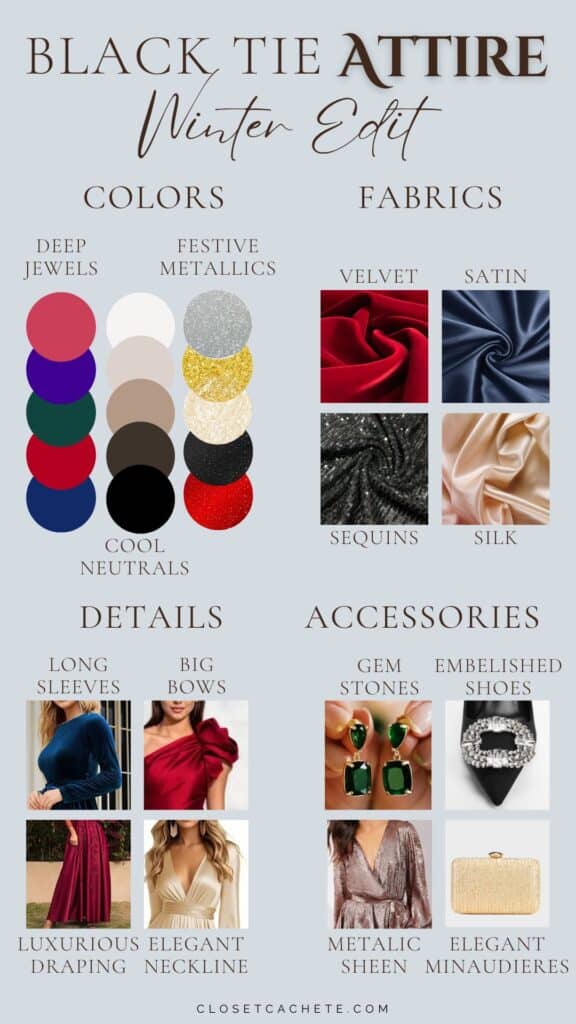 The image displays a black tie attire guide for women, featuring sections for colors, fabrics, details, and accessories. Recommended colors include deep jewel tones, festive metallics, and cool neutrals, while suggested fabrics are velvet, satin, sequins, and silk. The details highlight styles like long sleeves, big bows, luxurious draping, and elegant necklines, paired with accessories such as gem-stone jewelry, embellished shoes, and stylish minaudieres.