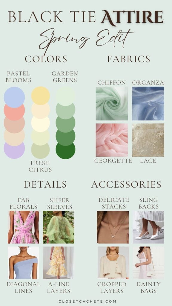 The image features a black tie attire guide for women, organized into sections by colors, fabrics, details, and accessories. Color palettes include pastels, garden greens, and fresh citrus, suggesting a light and elegant spring aesthetic. Fabrics such as chiffon and lace are paired with design details like sheer sleeves and A-line layers, alongside accessory recommendations like delicate necklaces and slingback shoes to complete the look.