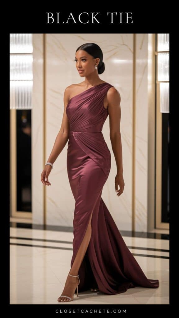 Black woman in floor-length burgundy satin evening gown with elegant hairstyle, representing the formal option for black tie dress code.