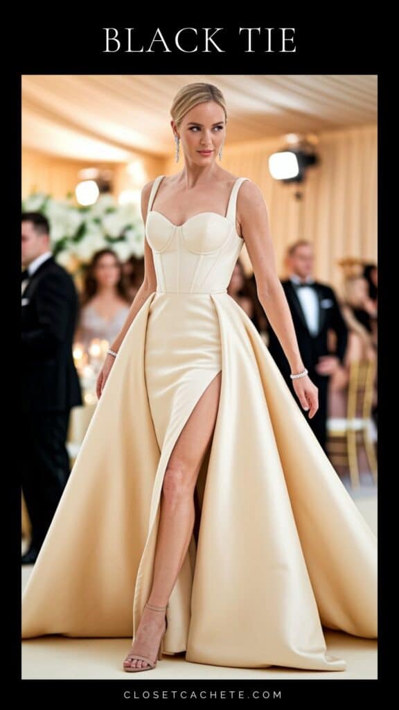 Blonde woman in floor-length elegant cream evening gown representing the formal option for black tie dress code.
