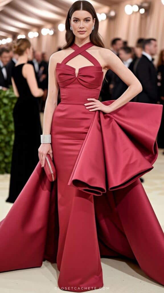 The dress features a fitted silhouette with a dramatic, voluminous skirt, creating an elegant, high-fashion look. It boasts a unique crisscross halter neckline and no sleeves, with a bow detail on the bodice that adds sophistication. Crafted from luxurious fabric, this floor-length gown exemplifies black tie formality and distinct style.