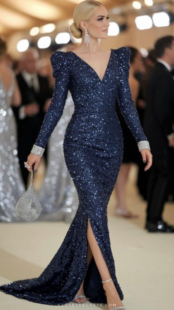 The dress features a fitted silhouette that elegantly hugs the body, with a dramatic deep V-neckline and structured puff sleeves that add sophistication. Its full-length, shimmering navy fabric is adorned with sequins, accentuated by a thigh-high slit and an ankle-length train, exuding a glamorous and formal aesthetic ideal for black tie events. Sparkling accessories, including a matching clutch and statement earrings, enhance the overall opulence of the look.