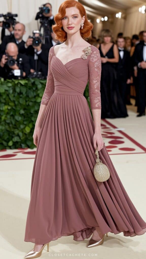 The elegant black tie dress features a fitted bodice with a sweetheart neckline and delicate lace three-quarter sleeves, creating a sophisticated silhouette. The flowing, pleated skirt extends to ankle length, enhancing its formal aesthetic, while a subtle embellishment on the shoulder adds a touch of glamour. Overall, the dress exudes grace and refinement, making it ideal for a black tie event.