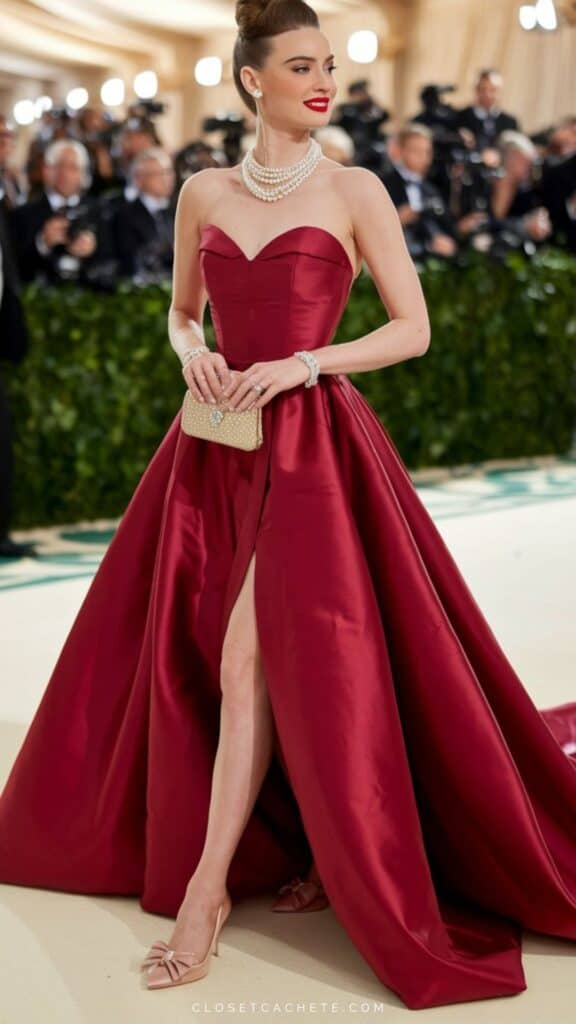 This elegant black tie dress features a fitted, strapless sweetheart neckline that accentuates the bodice and creates a sophisticated silhouette. The floor-length gown is made from luxurious satin, with a dramatic A-line shape and a high slit that adds allure, while a sweeping train enhances its formal aesthetic. Complementing the dress are delicate, understated accessories, including pearl jewelry, which elevate the overall refinement of the look.