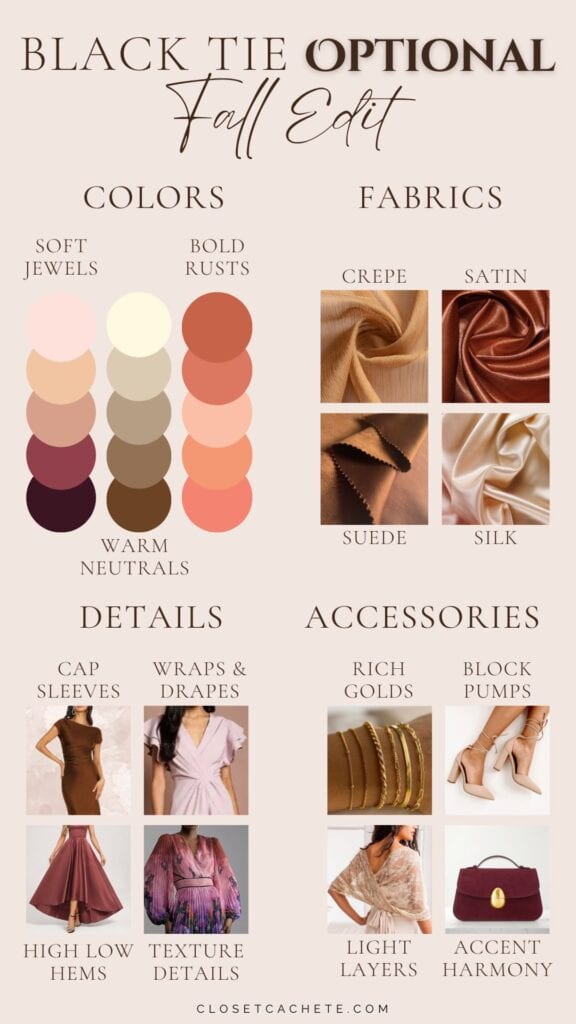 chart showing the most appropriate colors fabrics, details and accessories to wear for a black tie optional dress code in the fall