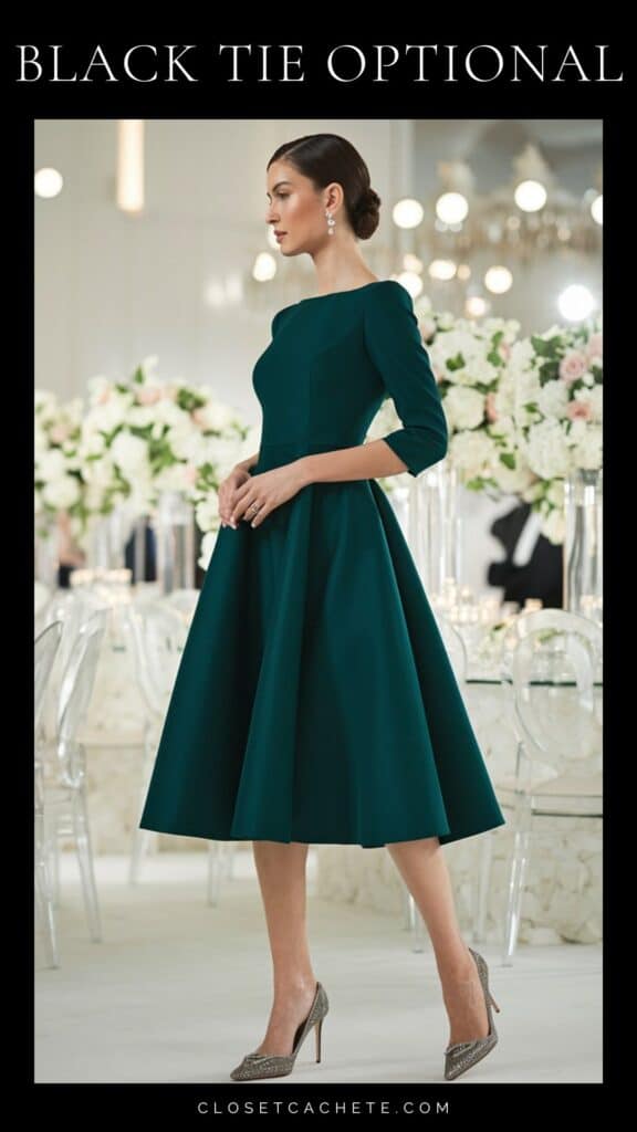 Woman in knee-length emerald green cocktail dress with modern styling and low chignon, showing the more casual but appropriate black tie optional choice. Photographed in upscale venue setting with warm ambient lighting.