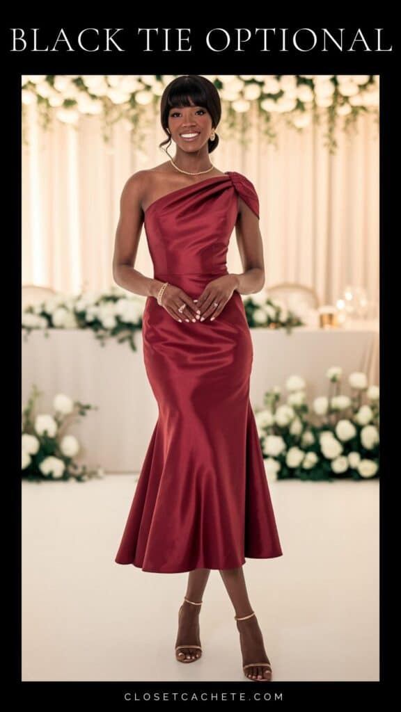 Black woman in fitted red midi dress with subtle one-shoulder neckline and gentle flare at hem, showing refined black tie optional interpretation. Classic elegant styling photographed against sophisticated white event backdrop.