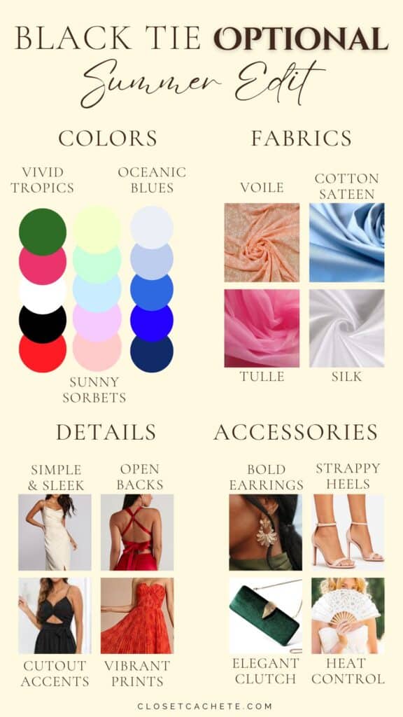 chart showing the most appropriate colors fabrics, details and accessories to wear for a black tie optional dress code in the summer