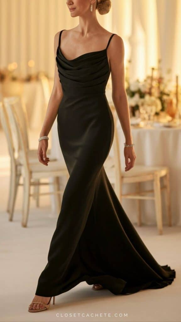 The ensemble features a sleek black dress with a draped cowl neckline and thin straps, balancing elegance with a modern touch suitable for a black tie optional event. The flowing silhouette elongates the body while the subtle sheen of the fabric adds a formal flair, complemented by minimalist accessories that enhance the sophistication without overpowering the outfit. With the choice of understated jewelry and stylish open-toed heels, this look effortlessly integrates formal and more relaxed elements, making it versatile for various celebrations.