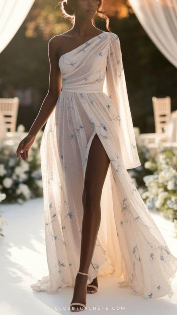 The ensemble features a delicate, one-shoulder gown in sheer white fabric adorned with subtle floral embroidery, merging formal elegance with a hint of softness. The thigh-high slit and flowing silhouette create a relaxed yet sophisticated vibe, balanced by subtle high-heeled sandals for an elevated look suitable for a black tie optional event. The combination of light, airy fabric and intricate detailing enhances the overall glamorous aesthetic while remaining approachable.