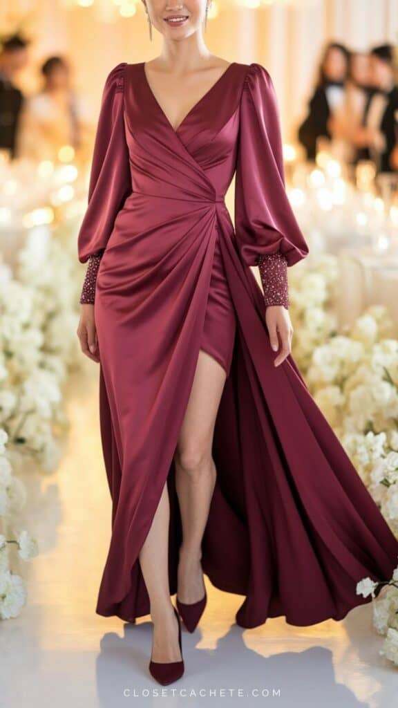 A flowing burgundy gown features a deep V-neckline and dramatic puff sleeves that enhance elegance, while a thigh-high slit introduces a hint of allure, balancing formal and casual elements. The gown is cinched at the waist with intricate pleating and embellished cuffs, creating a sophisticated silhouette suitable for a black tie optional event. Paired with matching pointed-toe heels, this ensemble effortlessly blends glamour with approachable style.