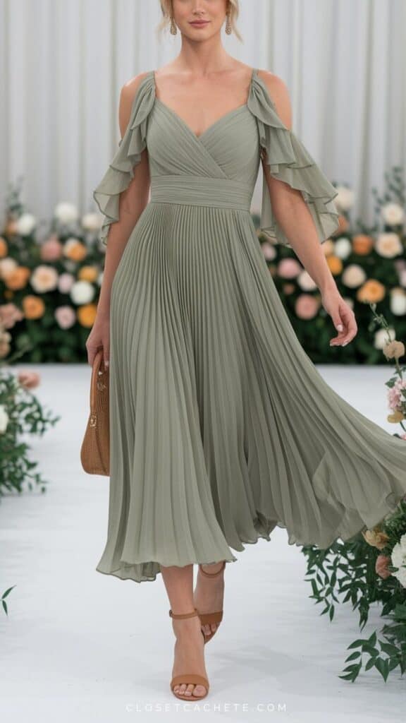 The ensemble features a flowy, pleated dress in a soft sage green, with delicate, ruffled cold shoulder sleeves that blend elegance with a relaxed vibe, making it suitable for black tie optional occasions. The fitted bodice and flowing skirt create a graceful silhouette, balanced by casual yet refined accessories, including a chic straw handbag and strappy beige heels, enhancing the outfit's overall allure while maintaining formality. This combination of feminine details and classic elements offers a perfect harmony for a stylish but approachable appearance.