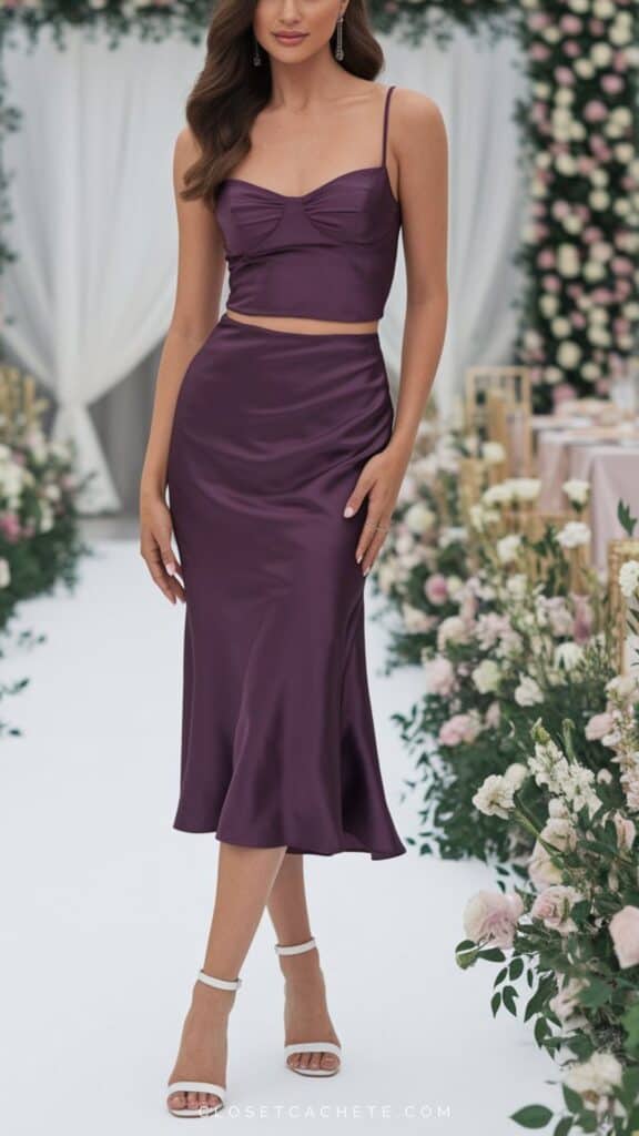 The outfit features a chic, fitted crop top with delicate spaghetti straps and a subtle sweetheart neckline, complemented by a matching high-waisted satin skirt that elegantly drapes to just below the knee. The rich purple hue balances formal sophistication with a modern, relaxed vibe, enhanced by strappy white heels that add a touch of casual elegance, making it suitable for a black tie optional event. The ensemble’s smooth textures and harmonious silhouette work together to create a refined yet approachable aesthetic.