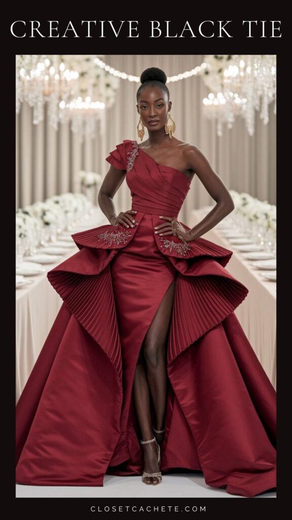 A bold burgundy evening gown features an asymmetrical one-shoulder design with intricate embellishments and a high slit, showcasing a dramatic, pleated skirt that flows elegantly. The outfit is complemented by strappy heels and statement earrings, perfectly embodying the creative black tie dress code.