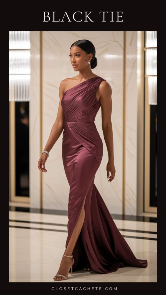 A model is wearing a long, elegant one-shoulder gown in deep burgundy, featuring intricate draping and a thigh-high slit that accentuates the silhouette. The outfit is complemented by delicate strappy heels and subtle jewelry, making it ideal for a black tie event. The overall look exudes sophistication and luxury.