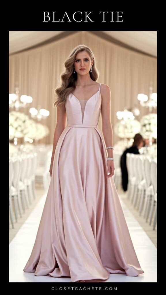 Woman in floor-length elegant pink silk evening gown with elegant hairstyle, representing the formal option for black tie dress code.