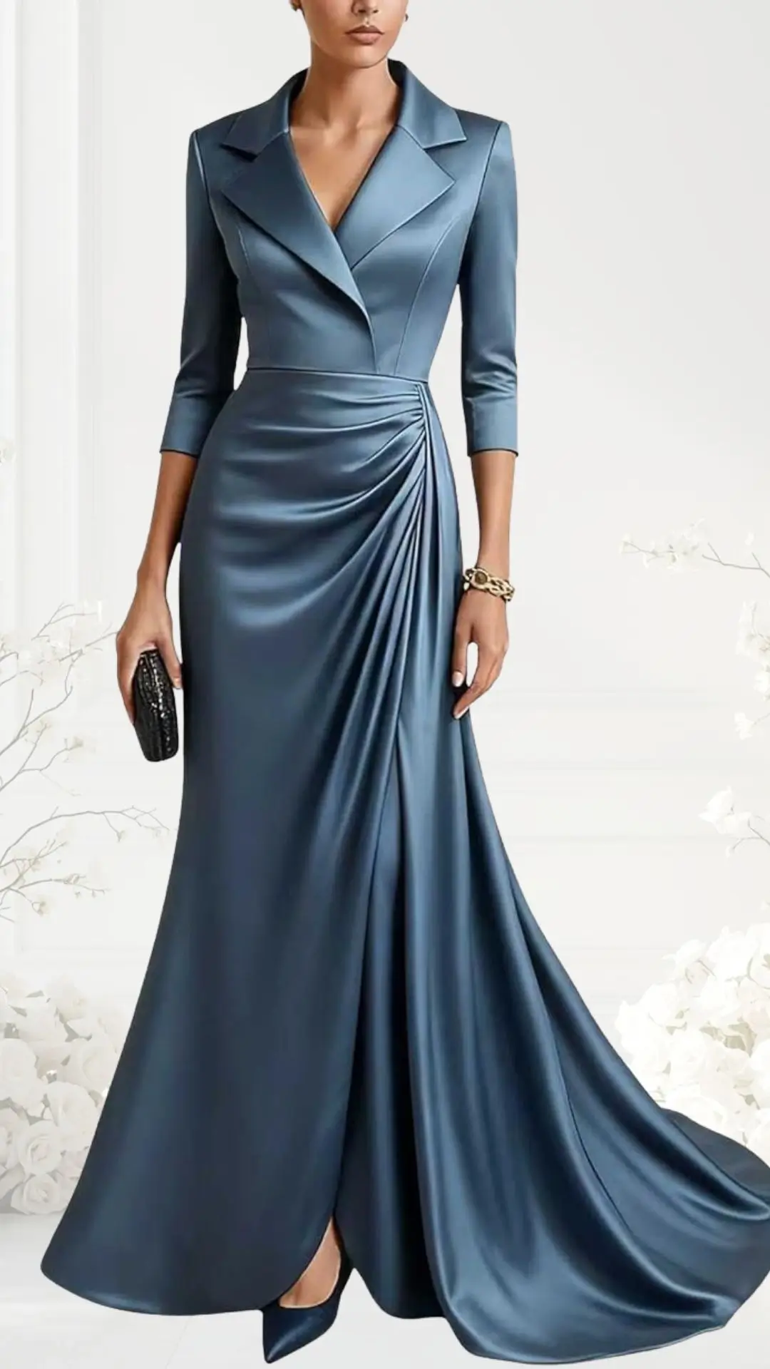A fitted, floor-length dress in a deep blue satin fabric features a stylish blazer-style collar and three-quarter sleeves. The bodice is elegantly draped, adding texture, while the skirt flows gracefully, with a subtle slit revealing a hint of the wearer's shoe. A black clutch and gold bracelet complete the sophisticated look.