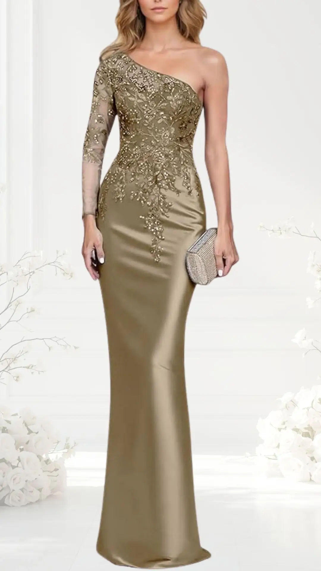 A sleek, one-shoulder black-tie wedding guest dress features a fitted silhouette in a rich, gold-toned satin, adorned with intricate floral embroidery and beading on the bodice. The gown flows gracefully to the floor, complemented by a matching embellished clutch held in one hand. The overall design exudes elegance and sophistication, ideal for formal occasions.