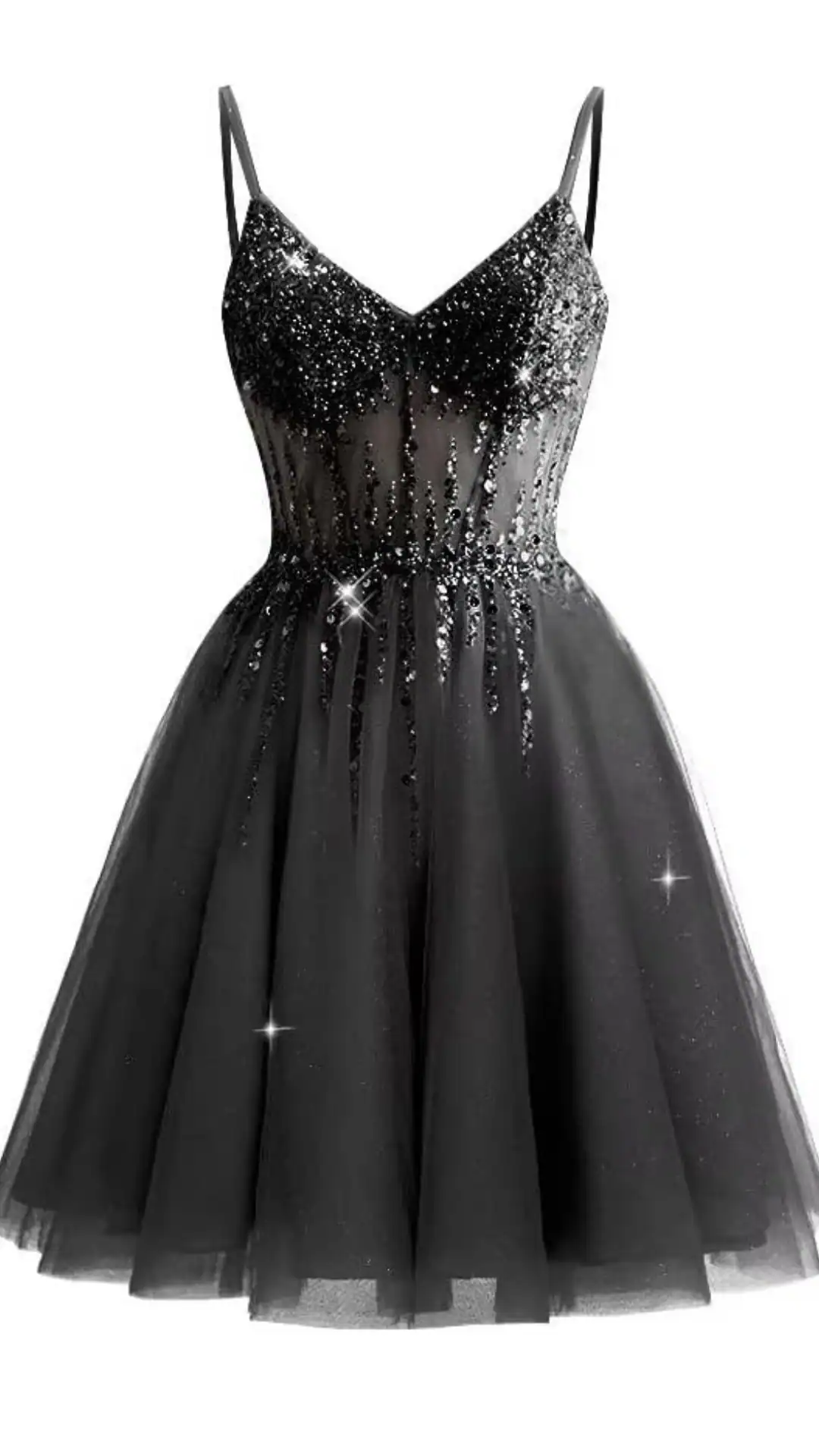 The dress features a classic black tulle silhouette adorned with a sparkling sequined bodice that adds dazzling texture, exuding a glamorous vibe. Designed for homecoming or similar formal occasions, it offers a fitted, corset-like appearance at the top with a flared, voluminous skirt that enhances an elegant look, making it perfect for teenage girls seeking to make a statement.