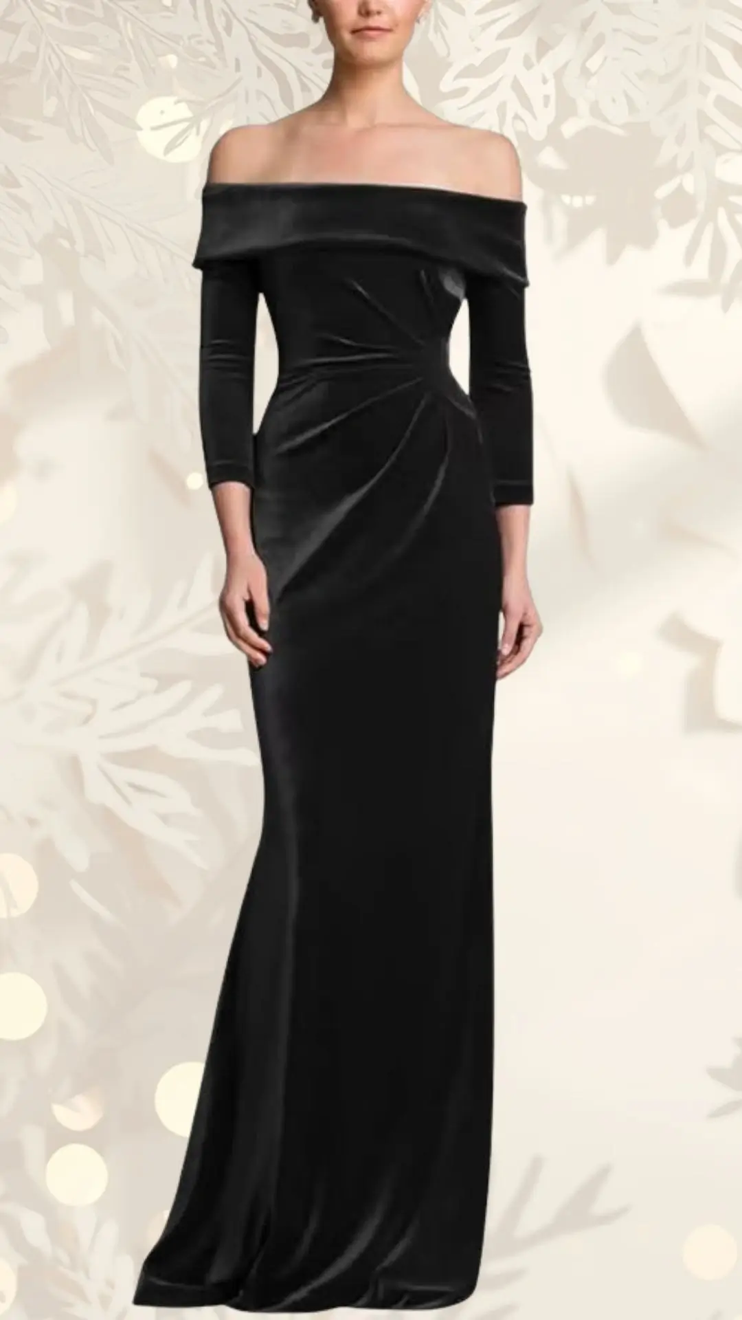 An elegant black velvet wedding guest dress featuring an off-the-shoulder neckline and long sleeves. The fitted bodice transitions into a flowing skirt with soft draping details, creating a sophisticated silhouette suitable for formal occasions. The dress is set against a subtle, light background with soft bokeh effects.