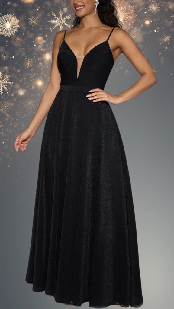 This elegant black winter formal dress features a deep V-neckline and delicate thin straps, creating a sophisticated silhouette. The fabric has a subtle shimmer, enhancing the flowing floor-length skirt, while a fitted waist accentuates the figure. The design is completed by its timeless color, making it a versatile choice for winter events.