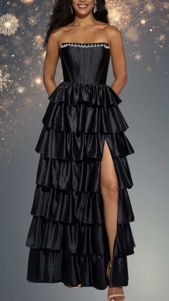 Strapless black winter formal dress featuring a fitted bodice with vertical ribbing and decorative beadwork along the neckline. The skirt boasts multiple cascading ruffles and an elegant thigh-high slit, all made from a sleek, shiny fabric that catches the light beautifully. This dress combines sophistication with a playful flair, ideal for any winter formal occasion.