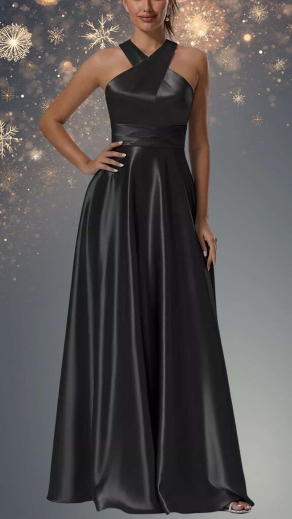 This elegant black winter formal dress features a fitted bodice with a stylish crisscross neckline and sleeveless design. The floor-length skirt flows gracefully from the waist, showcasing a smooth satin texture, while a subtle side slit enhances its sophisticated silhouette. The dress is perfect for formal occasions, combining timeless elegance with modern flair.