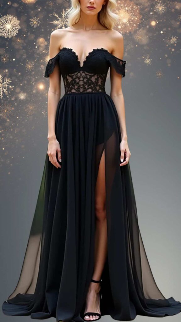 This elegant black winter formal dress features an off-the-shoulder neckline with delicate lace detailing on the bodice, highlighting a plunging front. The flowing skirt drapes gracefully to the floor, with high slits on either side to showcase the legs. The dress combines soft chiffon fabric with intricate beadwork, creating a striking contrast that exudes sophistication.