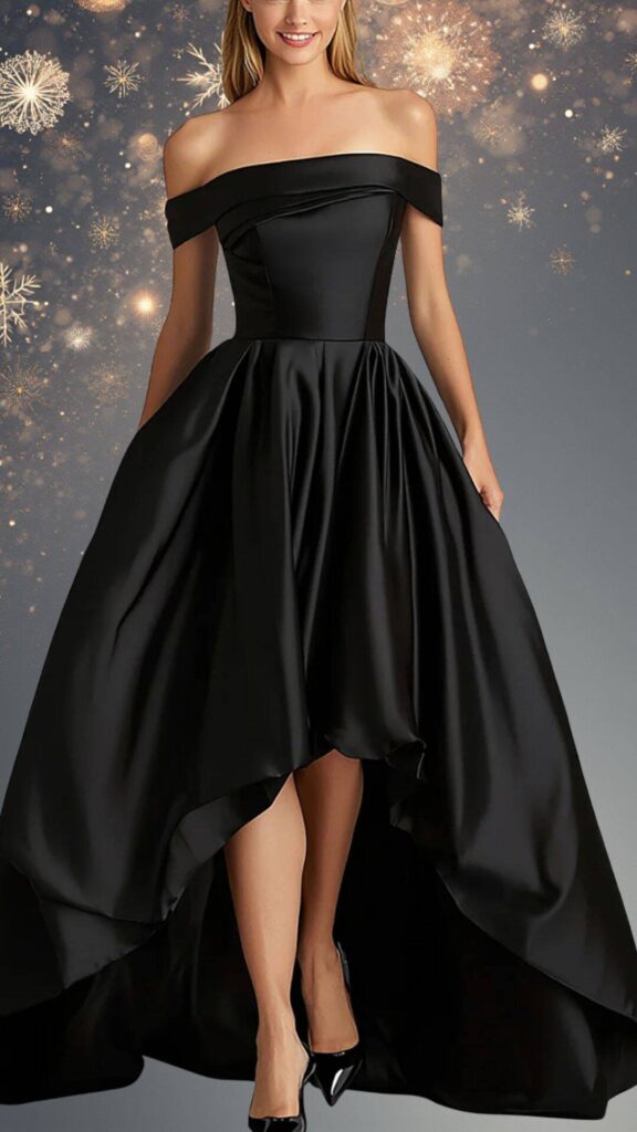 This elegant black winter formal dress features an off-the-shoulder neckline and a fitted bodice that flows into a voluminous, high-low skirt. The smooth satin texture adds a luxurious feel, and the design includes a subtle draping effect at the bust, with a slight front slit for a touch of allure. Perfect for a winter formal, it combines sophistication with modern style.