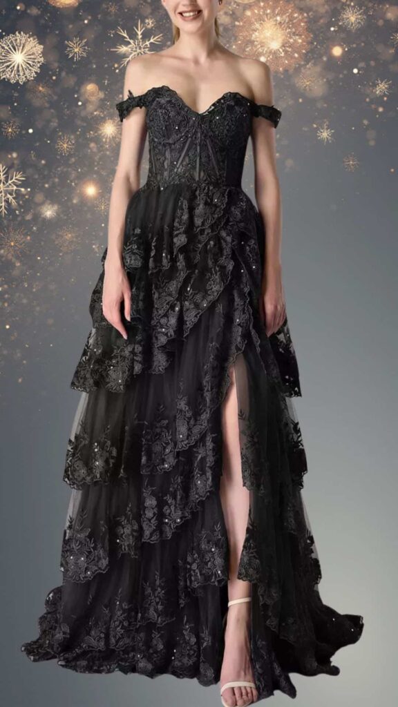 This elegant black winter formal dress features an off-the-shoulder neckline with a fitted bodice adorned in intricate beadwork and floral embroidery. The dramatic, layered skirt cascades down with sheer fabric and has a thigh-high slit, adding both sophistication and movement. The overall look is complemented by delicate ruffles and sparkling details, perfect for a formal winter celebration.