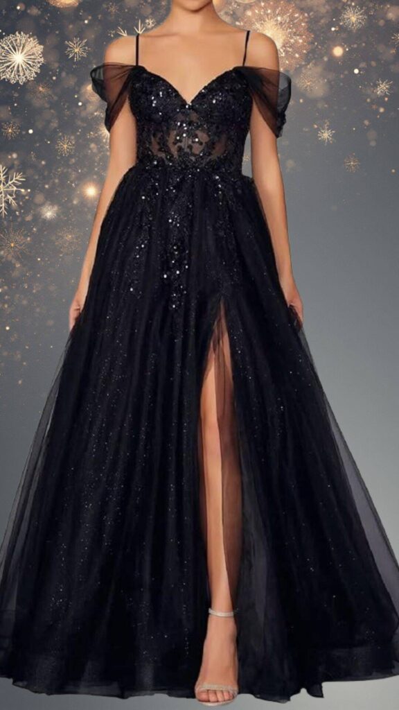 This elegant black winter formal dress features a plunging V-neckline, delicate off-the-shoulder sheer sleeves, and a flowing A-line silhouette. Embellished with sparkling beadwork and a thigh-high slit, the dress combines a luxurious, textured fabric with a subtle shimmer, creating a stunning look ideal for a formal occasion.