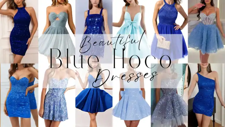 A collection of blue homecoming dresses showcases a variety of styles, including sparkling sequins, soft satins, and airy tulle, in hues ranging from deep navy to pastel baby blue. Design features such as A-line skirts, fitted bodices, and playful cutouts create an assortment of romantic and youthful silhouettes, making them perfect for a festive occasion like homecoming for teenage girls.