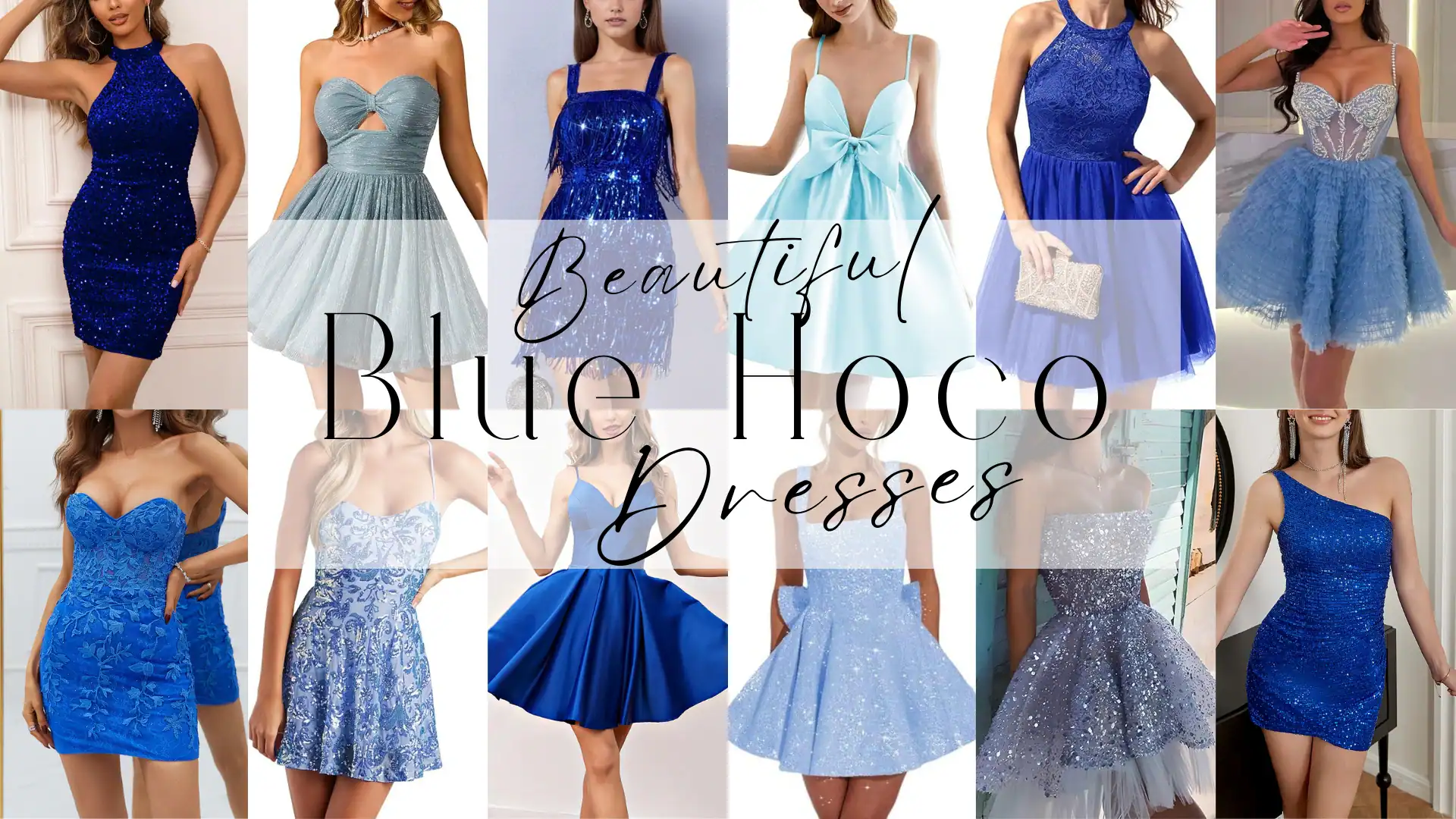 A collection of blue homecoming dresses showcases a variety of styles, including sparkling sequins, soft satins, and airy tulle, in hues ranging from deep navy to pastel baby blue. Design features such as A-line skirts, fitted bodices, and playful cutouts create an assortment of romantic and youthful silhouettes, making them perfect for a festive occasion like homecoming for teenage girls.